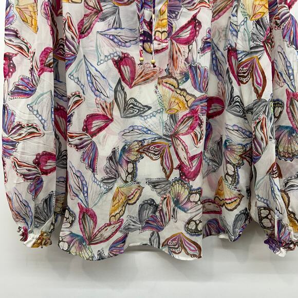 Hale Bob Butterfly Print Blouse Top Large Long Sleeve Tie Neck Boho Colorful - Picture 5 of 8